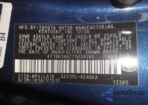 2007 Toyota Avalon Xls from USA, damaged, VIN 4T1BK36B77U208260